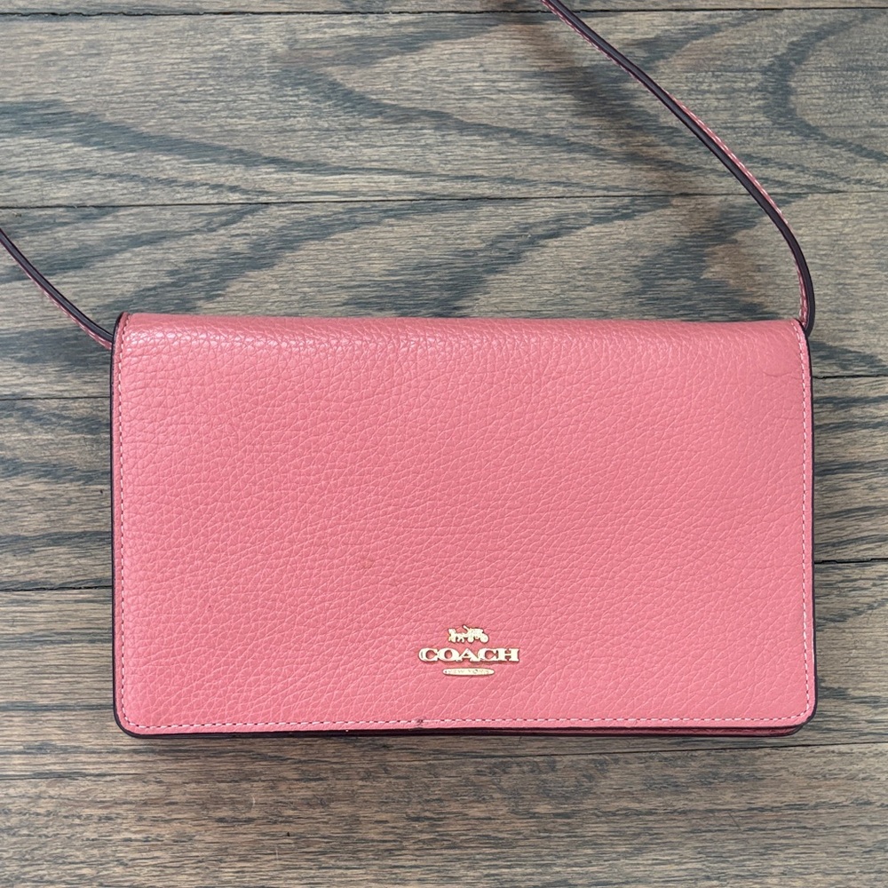 Coach Pink Pebbled Leather Crossbody Bag with Gold Logo